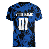 Personalized Motocross Rider Women V-Neck T-Shirt with Blue Graffiti Splash Pattern - Wonder Print Shop