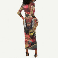 Amunet Long Sleeve Bodycon Dress with Egyptian Queen Portrait Ancient Mythology