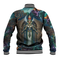 Amunet Ancient Temple Egyptian Baseball Jacket with Golden Serpent Mythology in Teal Tones