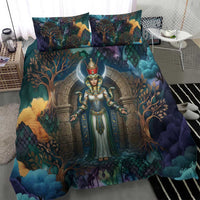 Amunet Ancient Temple Egyptian Bedding Set with Golden Serpent Mythology in Teal Tones