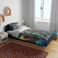 Amunet Ancient Temple Egyptian Bedding Set with Golden Serpent Mythology in Teal Tones