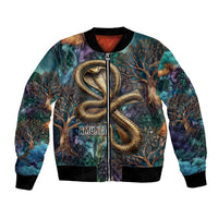 Amunet Ancient Temple Egyptian Bomber Jacket with Golden Serpent Mythology in Teal Tones