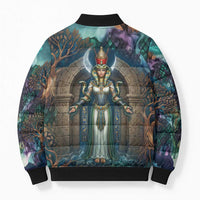 Amunet Ancient Temple Egyptian Bomber Puffer Jacket with Golden Serpent Mythology in Teal Tones
