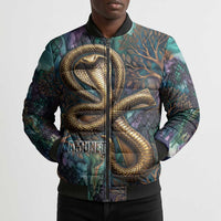 Amunet Ancient Temple Egyptian Bomber Puffer Jacket with Golden Serpent Mythology in Teal Tones