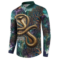Amunet Ancient Temple Egyptian Button Sweatshirt with Golden Serpent Mythology in Teal Tones