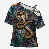 Amunet Ancient Temple Egyptian Cross Shoulder Shirt with Golden Serpent Mythology in Teal Tones