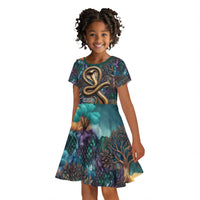 Amunet Ancient Temple Egyptian Kid Short Sleeve Dress with Golden Serpent Mythology in Teal Tones