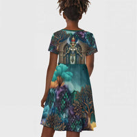Amunet Ancient Temple Egyptian Kid Short Sleeve Dress with Golden Serpent Mythology in Teal Tones