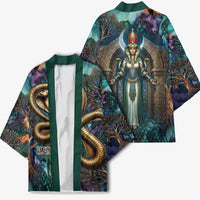 Amunet Ancient Temple Egyptian Kimono with Golden Serpent Mythology in Teal Tones