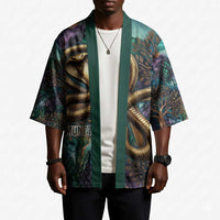 Amunet Ancient Temple Egyptian Kimono with Golden Serpent Mythology in Teal Tones