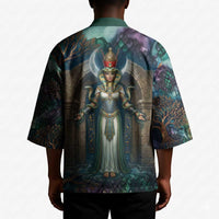 Amunet Ancient Temple Egyptian Kimono with Golden Serpent Mythology in Teal Tones