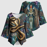Amunet Ancient Temple Egyptian Kimono Sleeve Blouse with Golden Serpent Mythology in Teal Tones