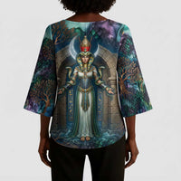 Amunet Ancient Temple Egyptian Kimono Sleeve Blouse with Golden Serpent Mythology in Teal Tones