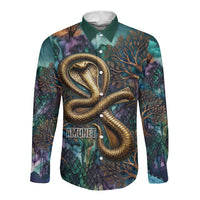 Amunet Ancient Temple Egyptian Long Sleeve Button Shirt with Golden Serpent Mythology in Teal Tones