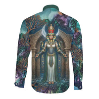Amunet Ancient Temple Egyptian Long Sleeve Button Shirt with Golden Serpent Mythology in Teal Tones
