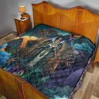 Amunet Ancient Temple Egyptian Quilt with Golden Serpent Mythology in Teal Tones