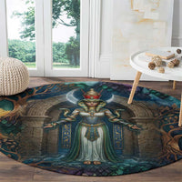 Amunet Ancient Temple Egyptian Round Carpet with Golden Serpent Mythology in Teal Tones