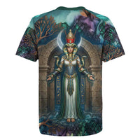 Amunet Ancient Temple Egyptian Rugby Jersey with Golden Serpent Mythology in Teal Tones
