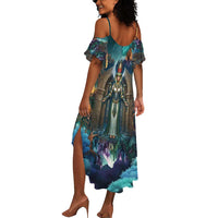 Amunet Ancient Temple Egyptian Summer Maxi Dress with Golden Serpent Mythology in Teal Tones