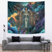 Amunet Ancient Temple Egyptian Tapestry with Golden Serpent Mythology in Teal Tones