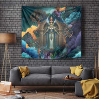 Amunet Ancient Temple Egyptian Tapestry with Golden Serpent Mythology in Teal Tones