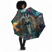 Amunet Ancient Temple Egyptian Umbrella with Golden Serpent Mythology in Teal Tones