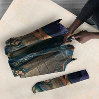 Amunet Ancient Temple Egyptian Umbrella with Golden Serpent Mythology in Teal Tones