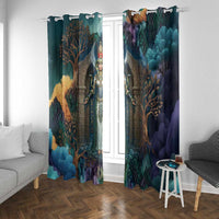 Amunet Ancient Temple Egyptian Window Curtain with Golden Serpent Mythology in Teal Tones