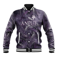 Anput Sacred Urn Baseball Jacket with Papyrus Flowers Egyptian Guardian in Violet Mist