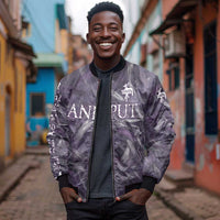 Anput Sacred Urn Bomber Jacket with Papyrus Flowers Egyptian Guardian in Violet Mist