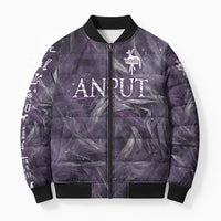 Anput Sacred Urn Bomber Puffer Jacket with Papyrus Flowers Egyptian Guardian in Violet Mist