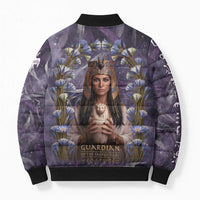 Anput Sacred Urn Bomber Puffer Jacket with Papyrus Flowers Egyptian Guardian in Violet Mist