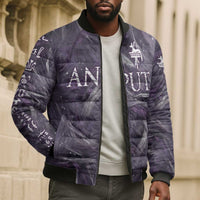 Anput Sacred Urn Bomber Puffer Jacket with Papyrus Flowers Egyptian Guardian in Violet Mist
