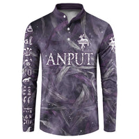 Anput Sacred Urn Button Sweatshirt with Papyrus Flowers Egyptian Guardian in Violet Mist