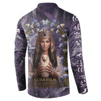 Anput Sacred Urn Button Sweatshirt with Papyrus Flowers Egyptian Guardian in Violet Mist