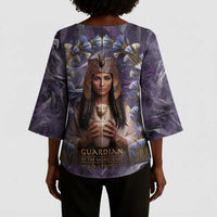 Anput Sacred Urn Kimono Sleeve Blouse with Papyrus Flowers Egyptian Guardian in Violet Mist