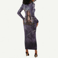 Anput Sacred Urn Long Sleeve Bodycon Dress with Papyrus Flowers Egyptian Guardian in Violet Mist