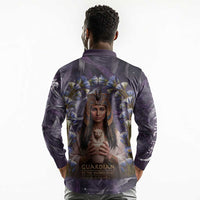 Anput Sacred Urn Long Sleeve Polo Shirt with Papyrus Flowers Egyptian Guardian in Violet Mist