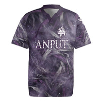 Anput Sacred Urn Rugby Jersey with Papyrus Flowers Egyptian Guardian in Violet Mist