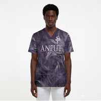 Anput Sacred Urn Scrub Top with Papyrus Flowers Egyptian Guardian in Violet Mist