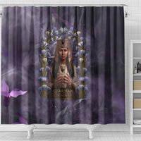 Anput Sacred Urn Shower Curtain with Papyrus Flowers Egyptian Guardian in Violet Mist