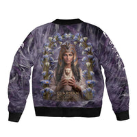 Anput Sacred Urn Sleeve Zip Bomber Jacket with Papyrus Flowers Egyptian Guardian in Violet Mist