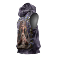 Anput Sacred Urn Sleeveless Hoodie with Papyrus Flowers Egyptian Guardian in Violet Mist