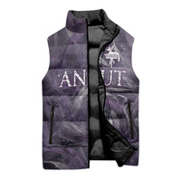 Anput Sacred Urn Sleeveless Puffer Jacket with Papyrus Flowers Egyptian Guardian in Violet Mist