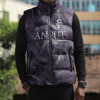 Anput Sacred Urn Sleeveless Puffer Jacket with Papyrus Flowers Egyptian Guardian in Violet Mist