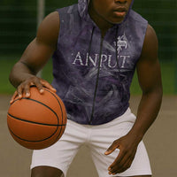 Anput Sacred Urn Sleeveless Zip Hoodie with Papyrus Flowers Egyptian Guardian in Violet Mist
