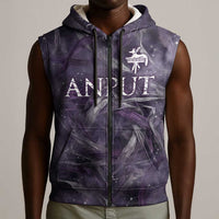 Anput Sacred Urn Sleeveless Zip Hoodie with Papyrus Flowers Egyptian Guardian in Violet Mist