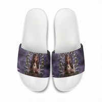 Anput Sacred Urn Slide Sandals with Papyrus Flowers Egyptian Guardian in Violet Mist