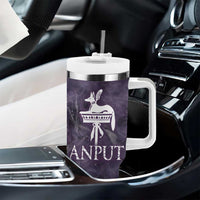 Anput Sacred Urn Tumbler With Handle with Papyrus Flowers Egyptian Guardian in Violet Mist