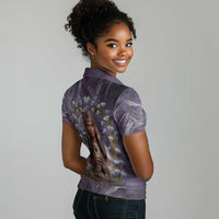 Anput Sacred Urn Women Polo Shirt with Papyrus Flowers Egyptian Guardian in Violet Mist
